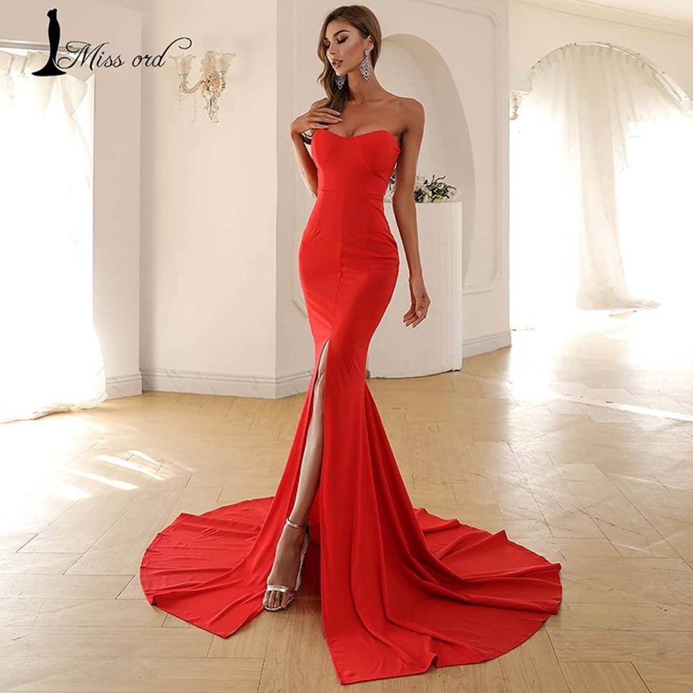 Red Strapless Formal Mermaid Gown with Train, Size XS S M